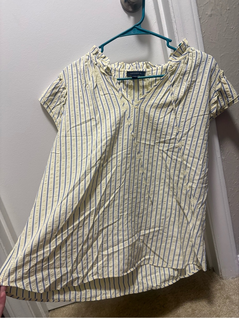 Striped Short-Sleeve Women’s Top in Light Yellow and Navy